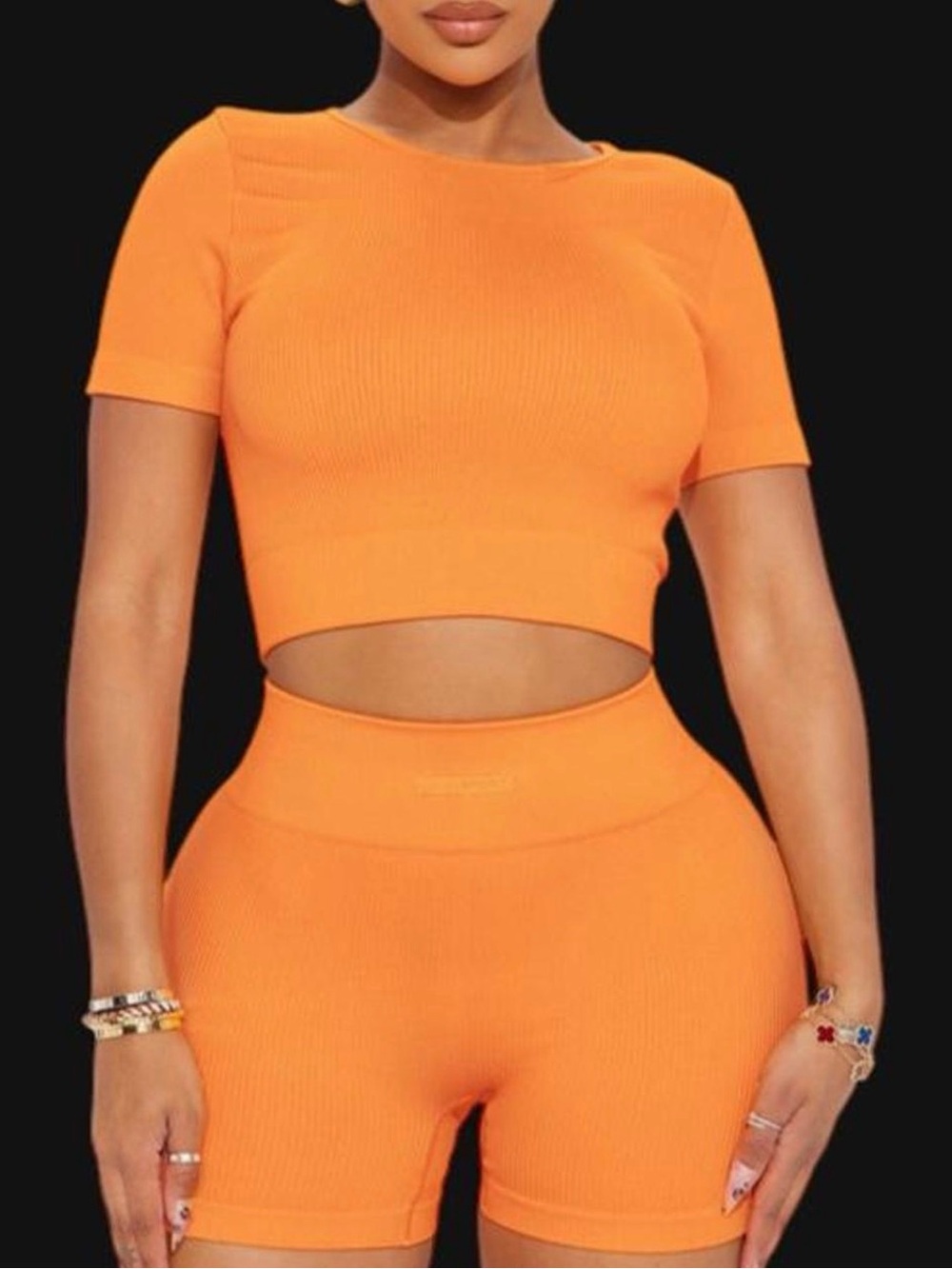 Orange ribbed crop top and shorts set
